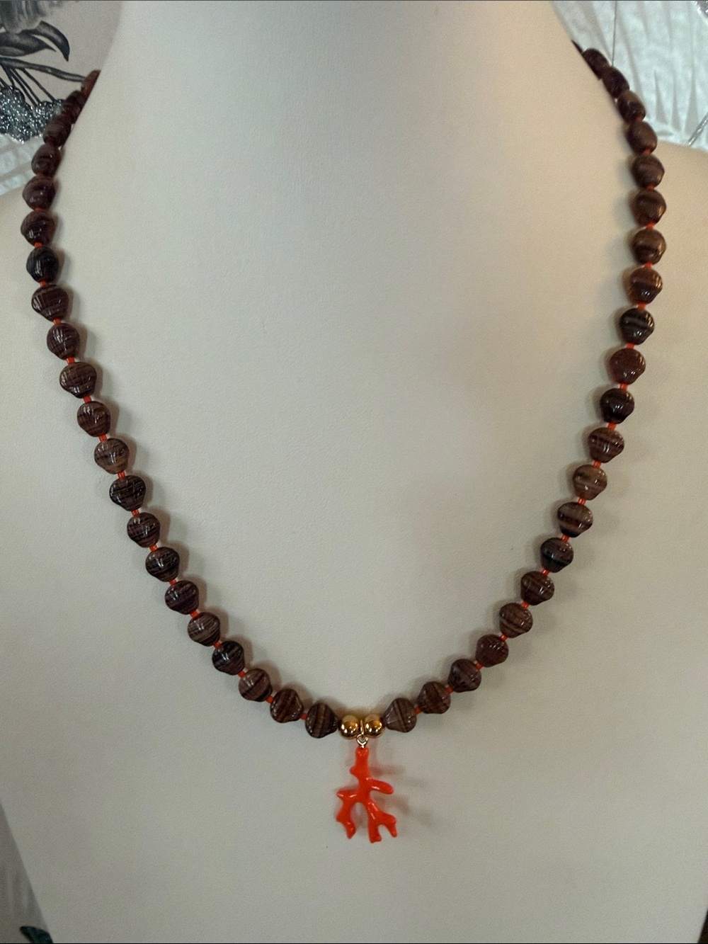 Audrey Limoges Collection Handmade Brown Bead Necklace with Orange Coral Pendant